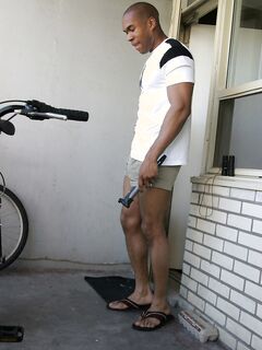 Muscular ebony jock Youngblood strips, wanks his monster rod & nuts on
