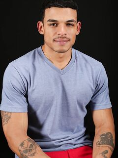 Tattooed gay stud Rodrigo shows off his athletic naked body & his