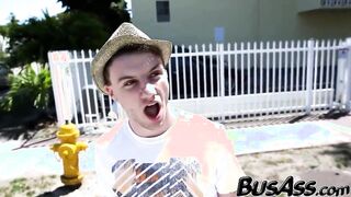Good looking str8 guy bangs inked hunk in the van