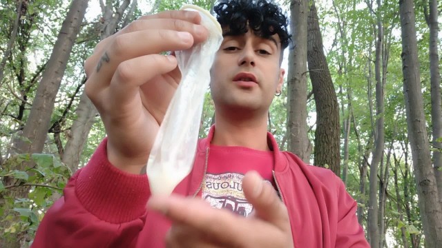 Playing with cruiser´s used condom in mouth and eating his cum after