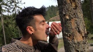 Licking own fresh warm pee from hand public