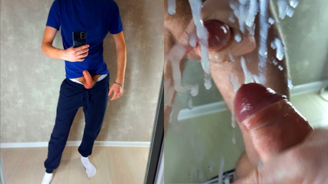 A bro in sweatpants cummed all over the mirror with fresh cum