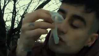 Licking used cum filled condom public