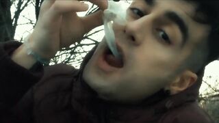 Licking used cum filled condom public