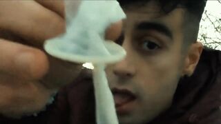 Licking used cum filled condom public