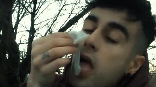 Licking used cum filled condom public