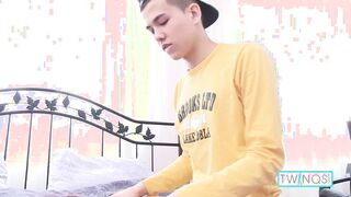 Cute twink Xander H masturbates his bro meat, stroking it while he