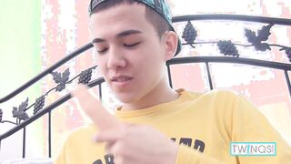 Cute twink Xander H masturbates his bro meat, stroking it while he
