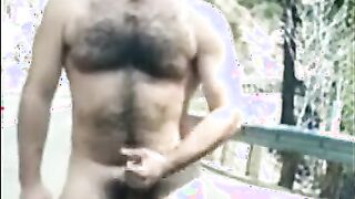 Hairy Man Masturbating Outdoors by the Road