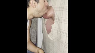 latin sucking DL dick through gloryhole