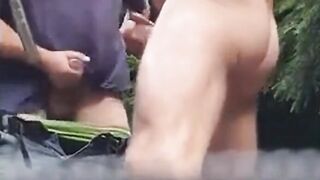 Three Daddies Stroking in the Woods