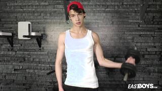 Slim boy Alessandro Katz with enormous teen oiled dick