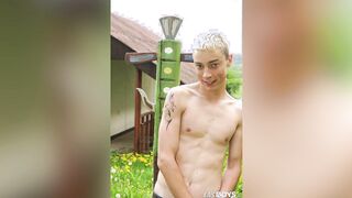 Slim boy shows off his body and cock in the garden