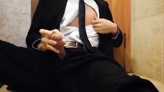 Bareback Student in the WC Takes a Cum Tribute Handjob