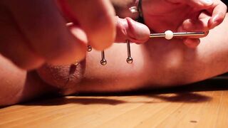 Metal Rod Inserted into Big Cock with Magnets for Kinky Fun