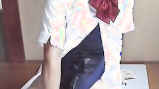 Swimsuit, 18-inch Dildo, and Cum with Asian Crossdresser