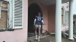 Delivery boytoy tied up and fucked by masked man in abandoned house