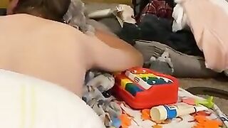 Diaper boy watching TV with mommy
