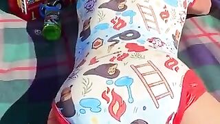 Diaper boy makes pushies in diaper
