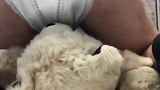boy poops diaper over teddybear