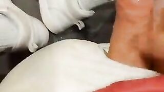 Diaper boy blows a load on his sneakers
