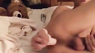 Latino twink shoves dildo up ass then sucks it