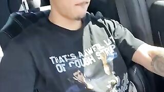 Sexy Latino pulling his big uncut dick out driving