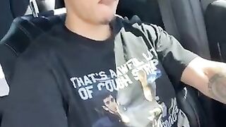 Sexy Latino pulling his big uncut dick out driving
