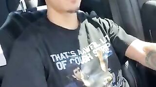 Sexy Latino pulling his big uncut dick out driving