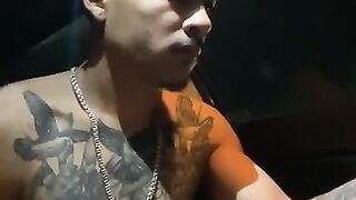 Freaky Latino busting a fat nut in his car