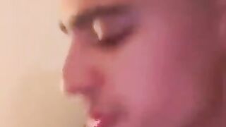 Sexy Latino cums in his man then licks it out