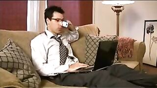 Gay slave licks his master feet while he is working