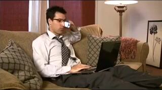 Gay slave licks his master feet while he is working