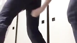 Gay ballbusting with wearing socks feet