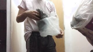 I jerk smelling my friend's underwear while he bathes (almost discovers me)