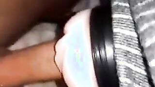 Screwing my Fleshlight until I cum into my pissy nappy