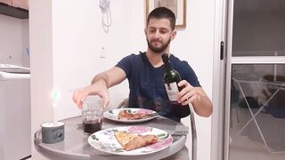 romantic dinner date - handsome husband nuts on pizza -