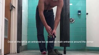 Stripping naked in locker room, shower and cum with people coming & going