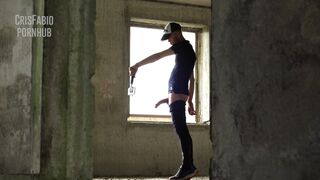 A young dude jerks off and nuts in an abandoned building. Cock like a horse!
