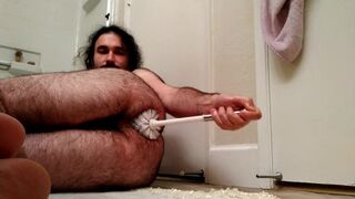 EXTREME toilet brush ass plow: horny bear bangs own hungry hole with toilet brush all the way in