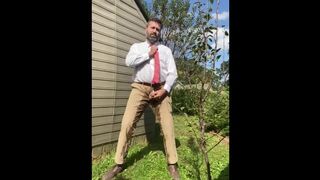Rex Mathews humiliated pissing himself in shirt and tie jerking off and Cum in pants