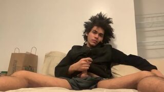 Kinky hair Hispanic teen touches himself and masturbates