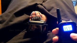 Sub uses a Shock Collar on his Cock while in Chastity