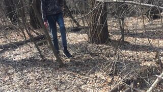 In the forest, she sucks the owner's big dick