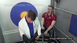 Rubber Fetish Doc wins over his patient. Jerking,screwing,milking,dick massage by rubber covered feet