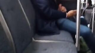 Jerking off in public on city bus with cumshot