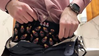 Hairy bro in suit pissing and jerking off at office toilet and