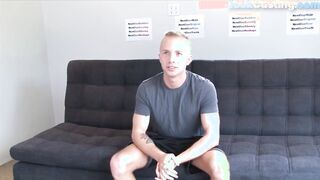 Athletic casted newbie tugging and spraying cum