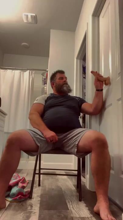 Stocky Thick Married Straight Bearded Bear playing with dildos and cumming