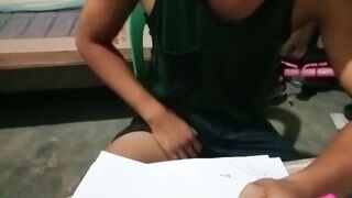 Student Asian made a cumshot on his studying time